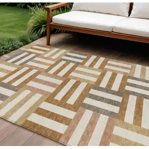 Photo of Chili Red Ivory And Copper Geometric Washable Indoor Outdoor Area Rug