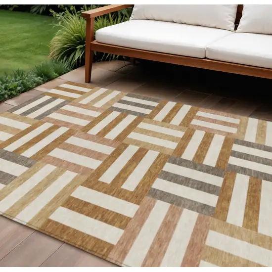 Chili Red Ivory And Copper Geometric Washable Indoor Outdoor Area Rug Photo 1