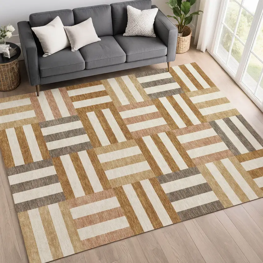 Chili Red Ivory And Copper Geometric Washable Indoor Outdoor Area Rug Photo 9