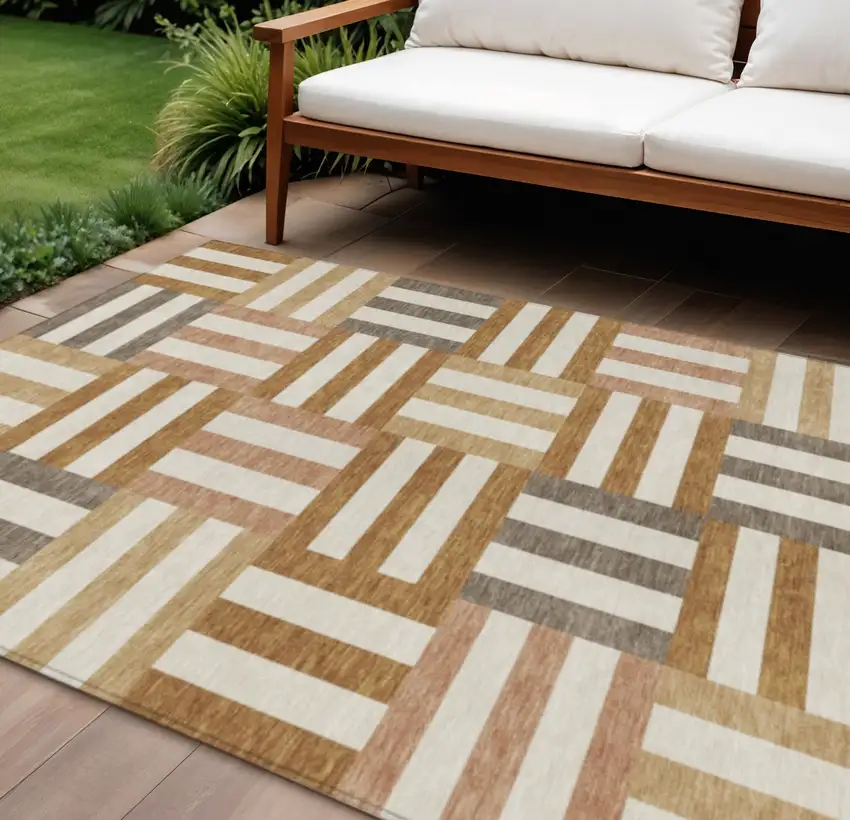 Chili Red Ivory And Copper Geometric Washable Indoor Outdoor Area Rug Photo 1