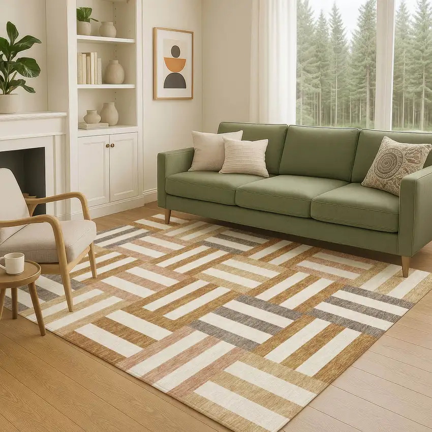 Chili Red Ivory And Copper Geometric Washable Indoor Outdoor Area Rug Photo 9