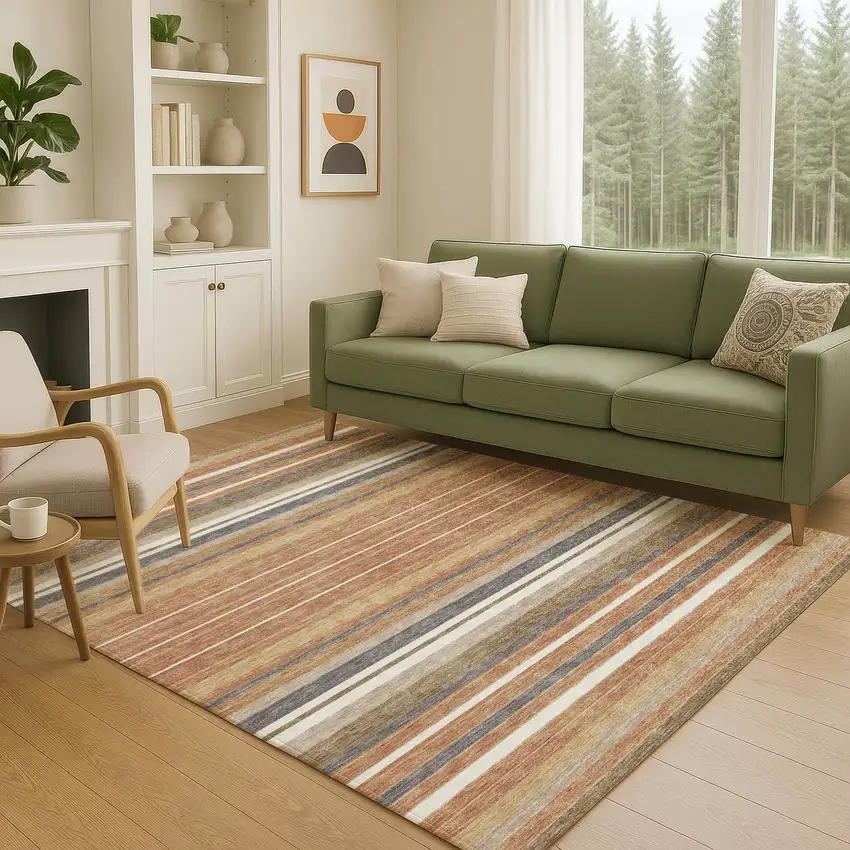 Chili Red Ivory And Gold Striped Washable Indoor Outdoor Area Rug Photo 8