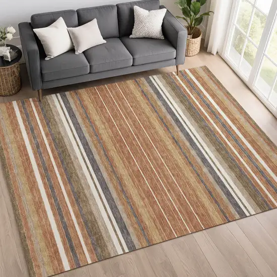 Chili Red Ivory And Gold Striped Washable Indoor Outdoor Area Rug Photo 9