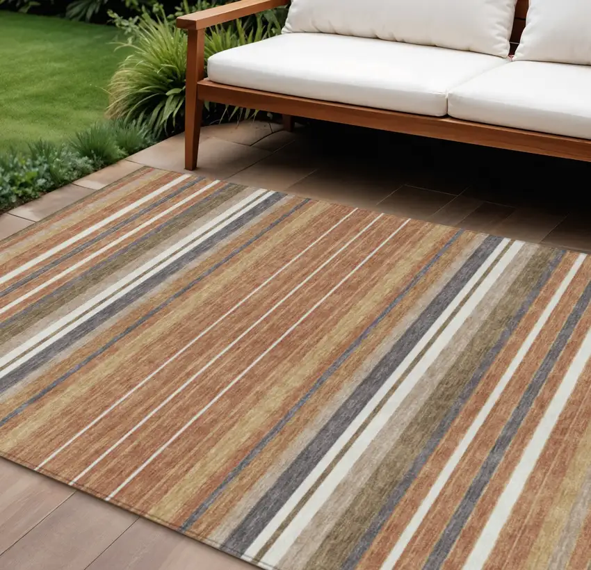 Chili Red Ivory And Gold Striped Washable Indoor Outdoor Area Rug Photo 1