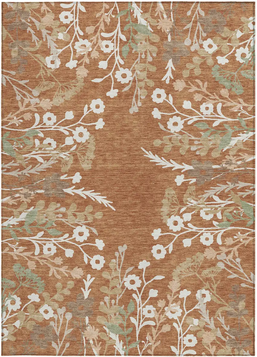 Chili Red Ivory And Green Floral Washable Indoor Outdoor Area Rug Photo 4