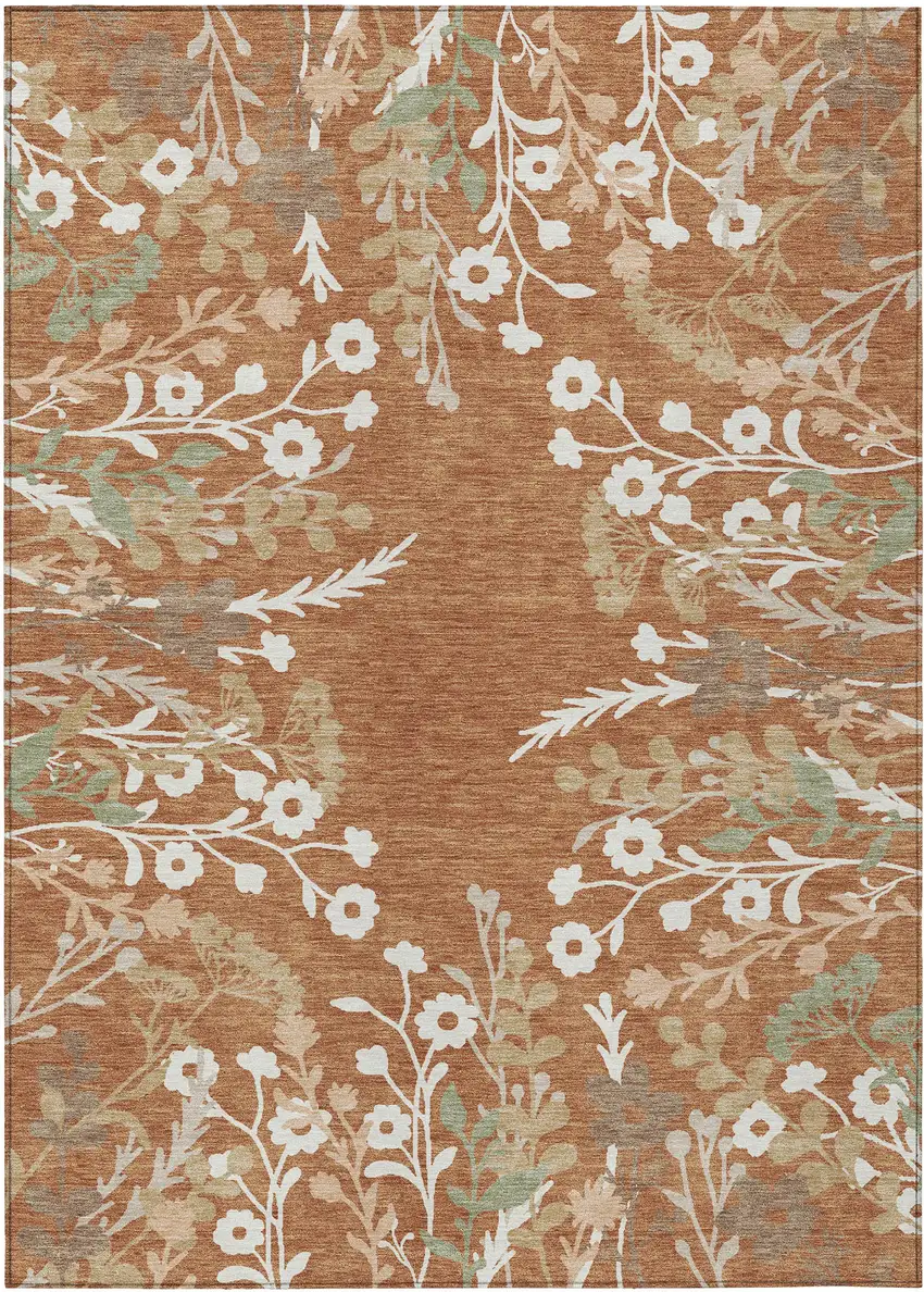 Chili Red Ivory And Green Floral Washable Indoor Outdoor Area Rug Photo 2