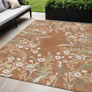 Photo of Chili Red Ivory And Green Floral Washable Indoor Outdoor Area Rug