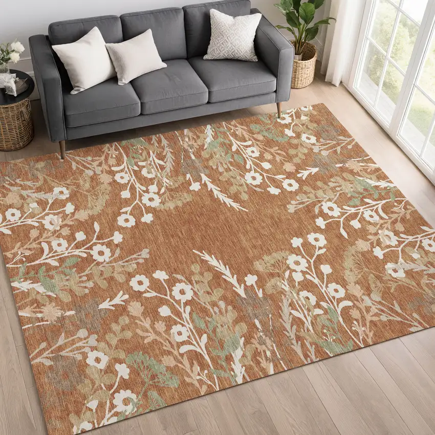 Chili Red Ivory And Green Floral Washable Indoor Outdoor Area Rug Photo 9