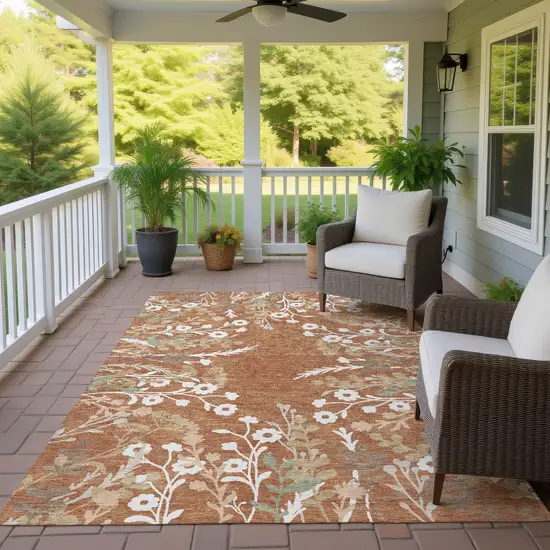 Chili Red Ivory And Green Floral Washable Indoor Outdoor Area Rug Photo 9