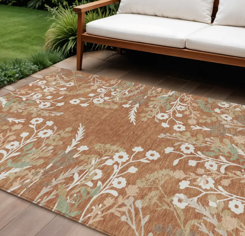 Chili Red Ivory And Green Floral Washable Indoor Outdoor Area Rug Photo 1