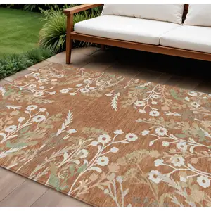 Photo of Chili Red Ivory And Green Floral Washable Indoor Outdoor Area Rug