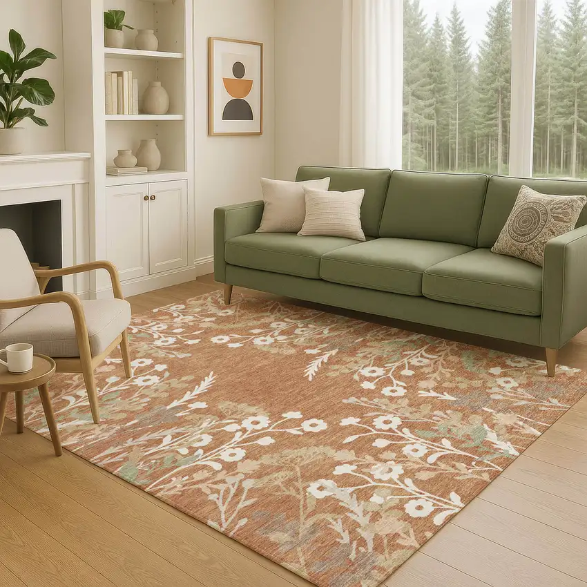 Chili Red Ivory And Green Floral Washable Indoor Outdoor Area Rug Photo 9