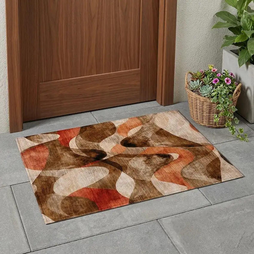 Chocolate Abstract Washable Non Skid Indoor Outdoor Area Rug Photo 1