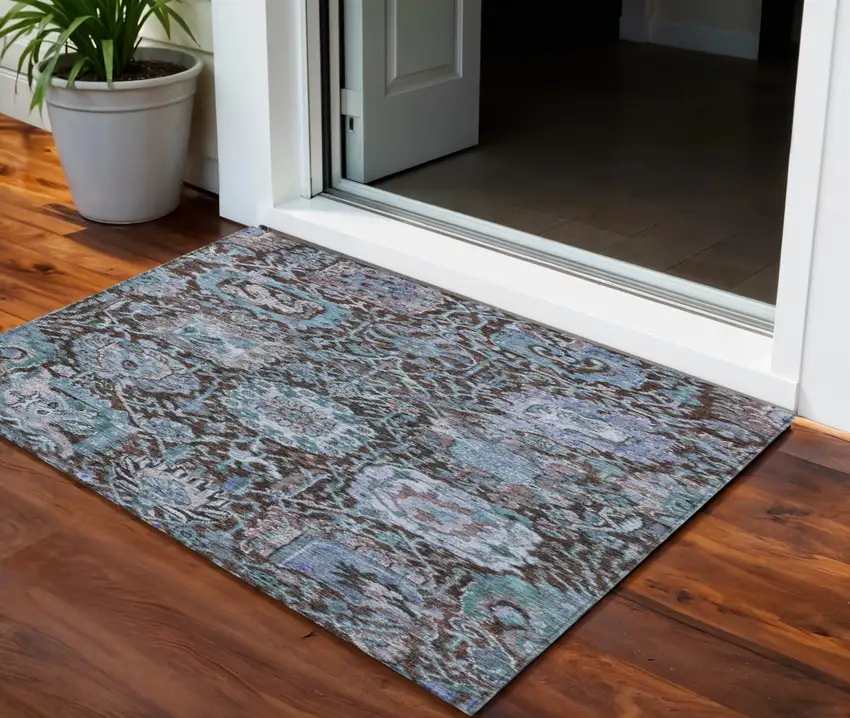 Chocolate And Aqua Damask Washable Indoor Outdoor Area Rug Photo 1