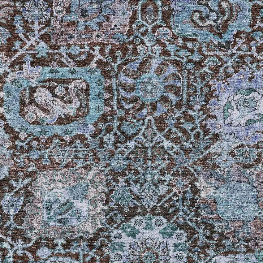 Chocolate And Aqua Damask Washable Indoor Outdoor Area Rug Photo 6