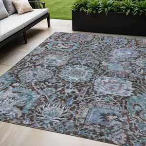 Photo of Chocolate And Aqua Damask Washable Indoor Outdoor Area Rug