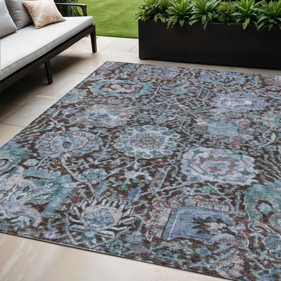Chocolate And Aqua Damask Washable Indoor Outdoor Area Rug Photo 1