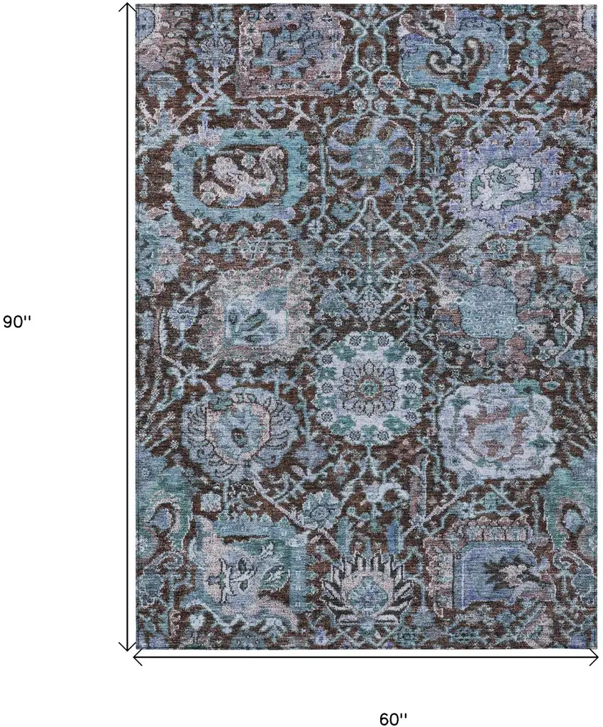 Chocolate And Aqua Damask Washable Indoor Outdoor Area Rug Photo 8