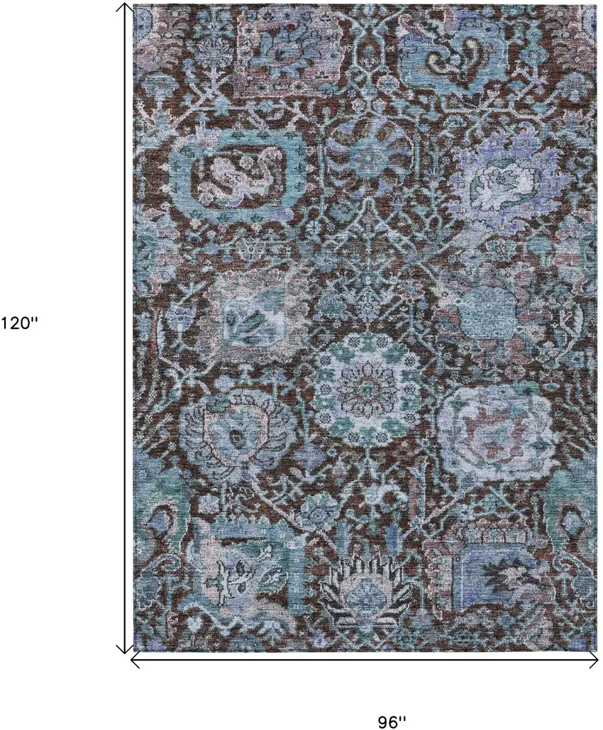 Chocolate And Aqua Damask Washable Indoor Outdoor Area Rug Photo 8