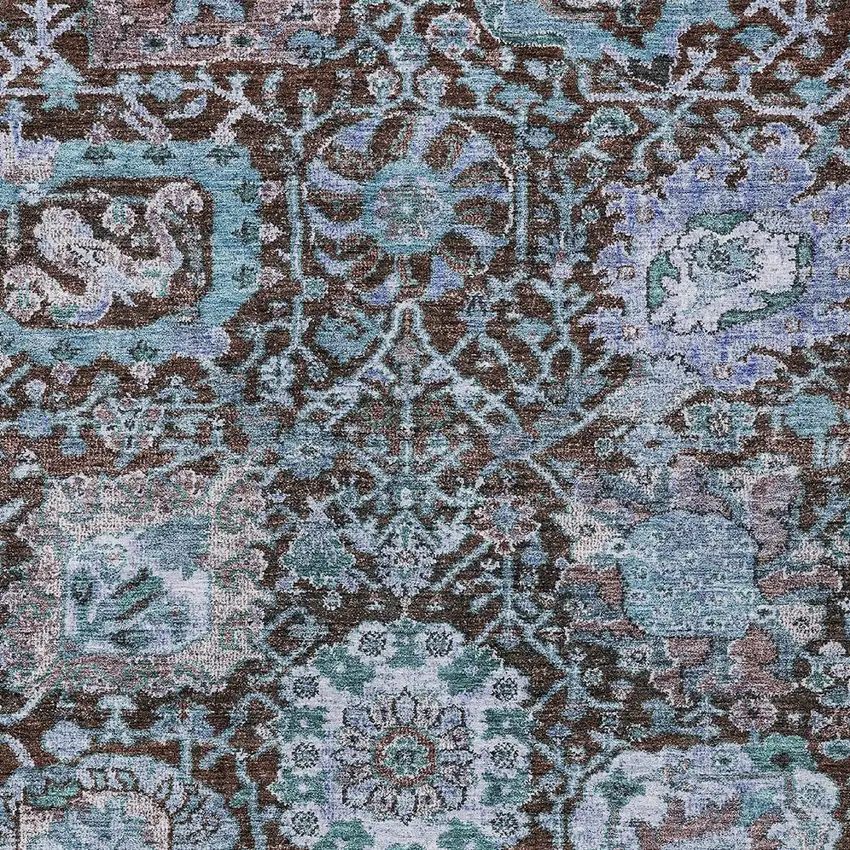 Chocolate And Aqua Damask Washable Indoor Outdoor Area Rug Photo 5