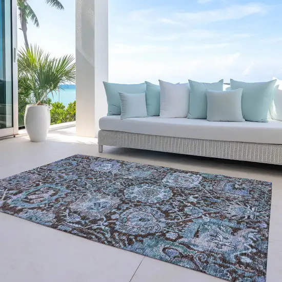 Chocolate And Aqua Damask Washable Indoor Outdoor Area Rug Photo 8