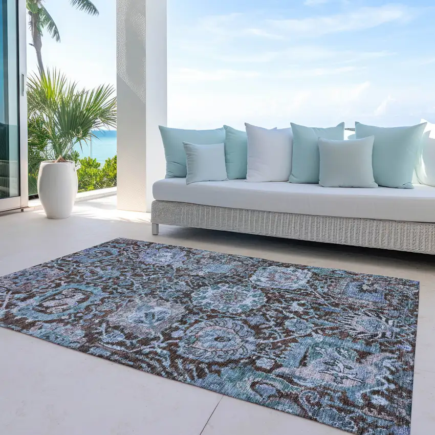 Chocolate And Aqua Damask Washable Indoor Outdoor Area Rug Photo 8