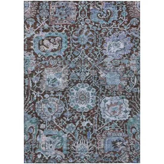 Chocolate And Aqua Damask Washable Indoor Outdoor Area Rug Photo 2