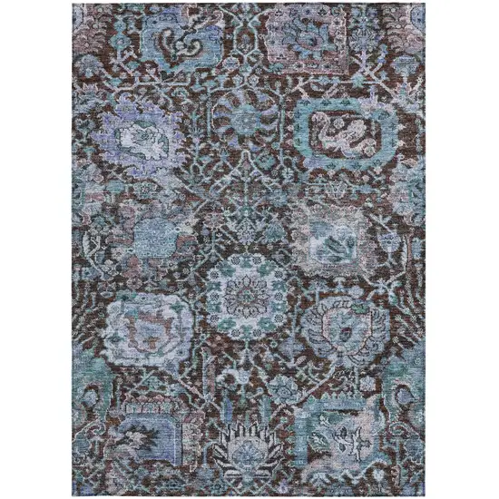 Chocolate And Aqua Damask Washable Indoor Outdoor Area Rug Photo 7