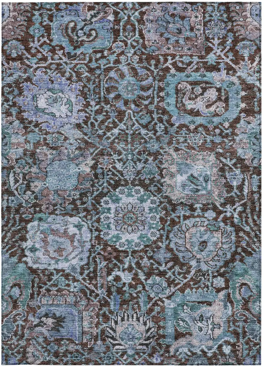 Chocolate And Aqua Damask Washable Indoor Outdoor Area Rug Photo 7