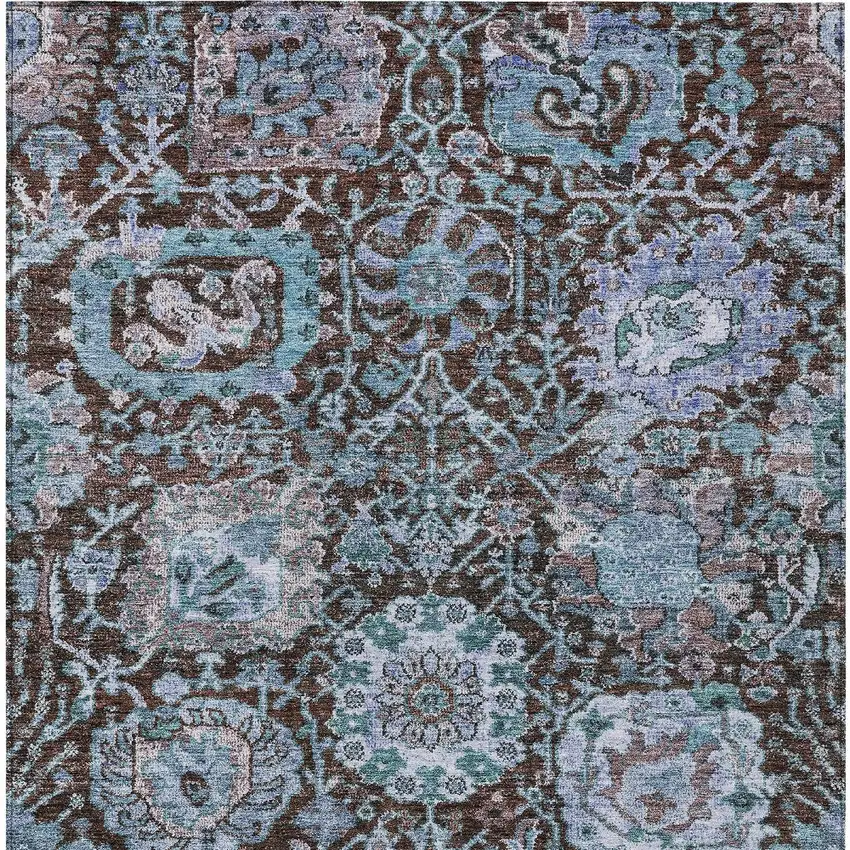 Chocolate And Aqua Damask Washable Indoor Outdoor Area Rug Photo 6