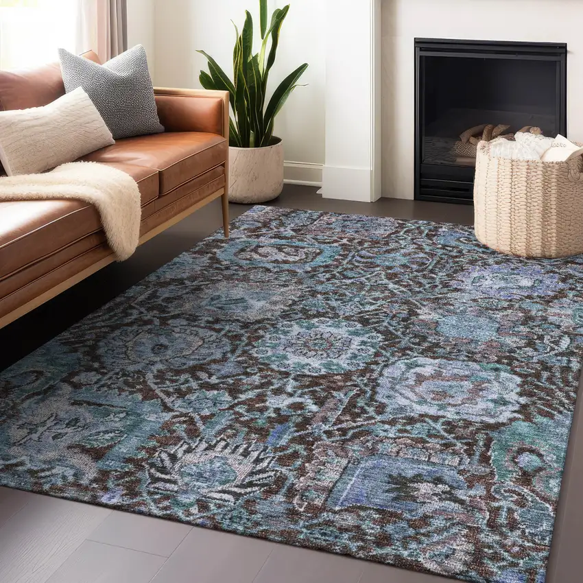 Chocolate And Aqua Damask Washable Indoor Outdoor Area Rug Photo 9