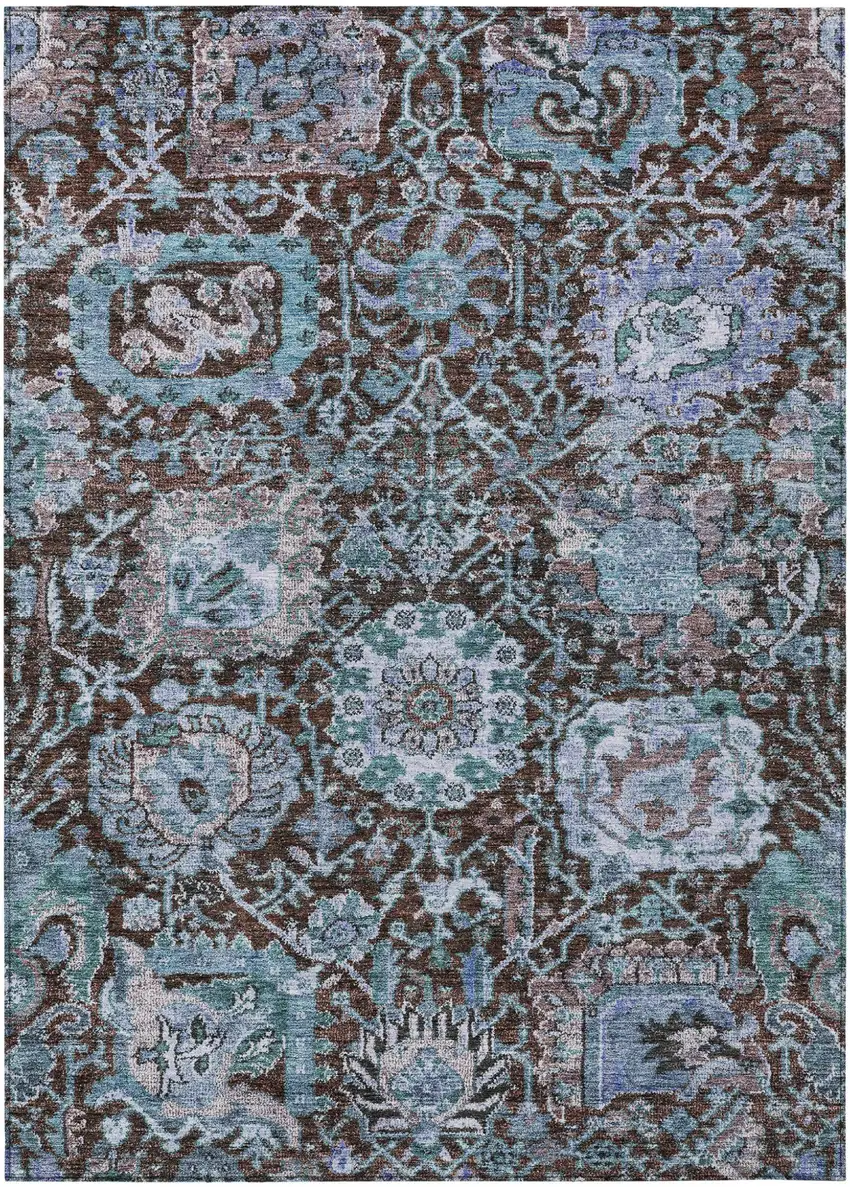 Chocolate And Aqua Damask Washable Indoor Outdoor Area Rug Photo 2