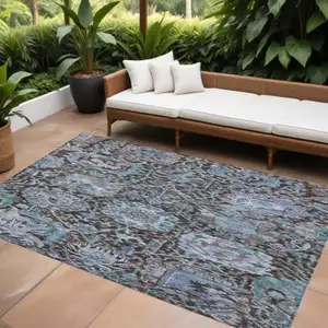 Photo of Chocolate And Aqua Damask Washable Indoor Outdoor Area Rug