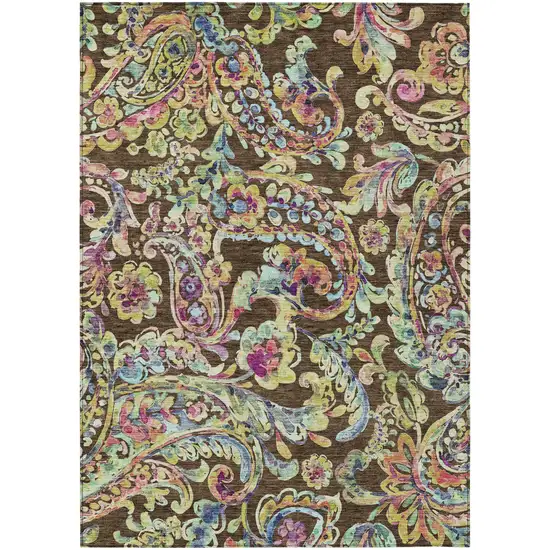 Chocolate And Artichoke Green Paisley Washable Indoor Outdoor Area Rug Photo 2
