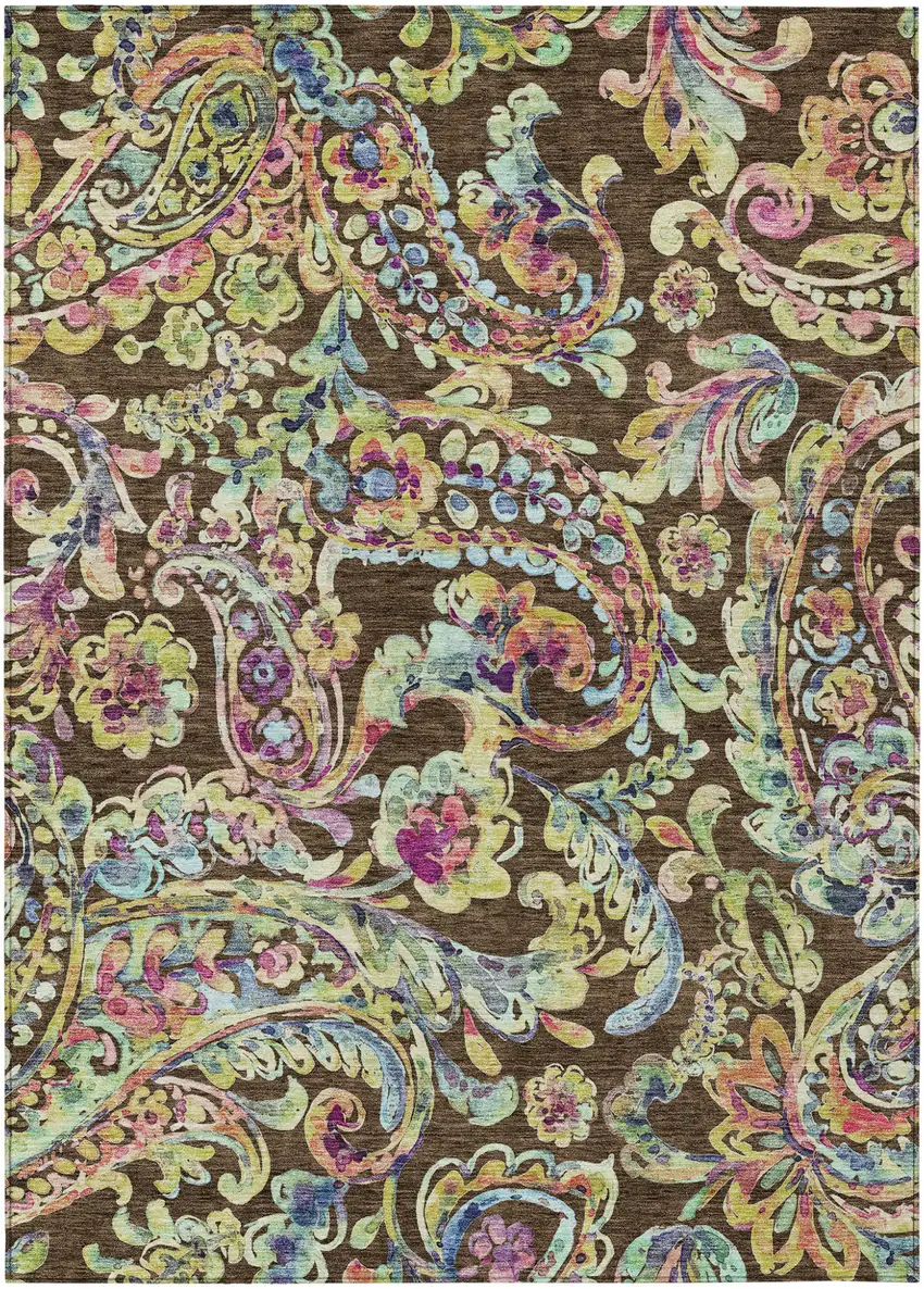 Chocolate And Artichoke Green Paisley Washable Indoor Outdoor Area Rug Photo 2