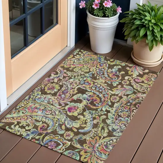 Chocolate And Artichoke Green Paisley Washable Indoor Outdoor Area Rug Photo 1