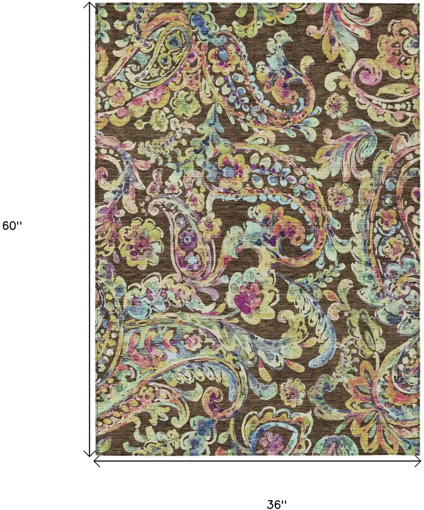 Chocolate And Artichoke Green Paisley Washable Indoor Outdoor Area Rug Photo 3