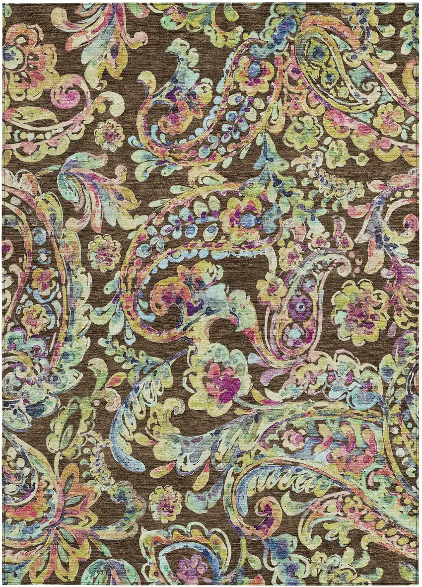 Chocolate And Artichoke Green Paisley Washable Indoor Outdoor Area Rug Photo 8