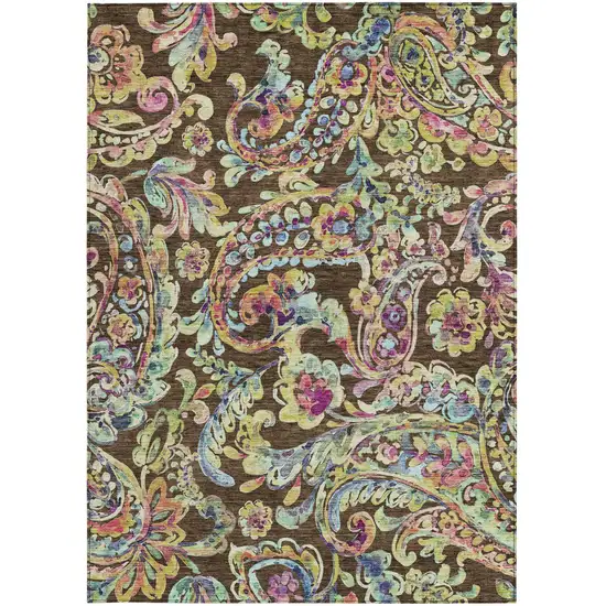 Chocolate And Artichoke Green Paisley Washable Indoor Outdoor Area Rug Photo 8