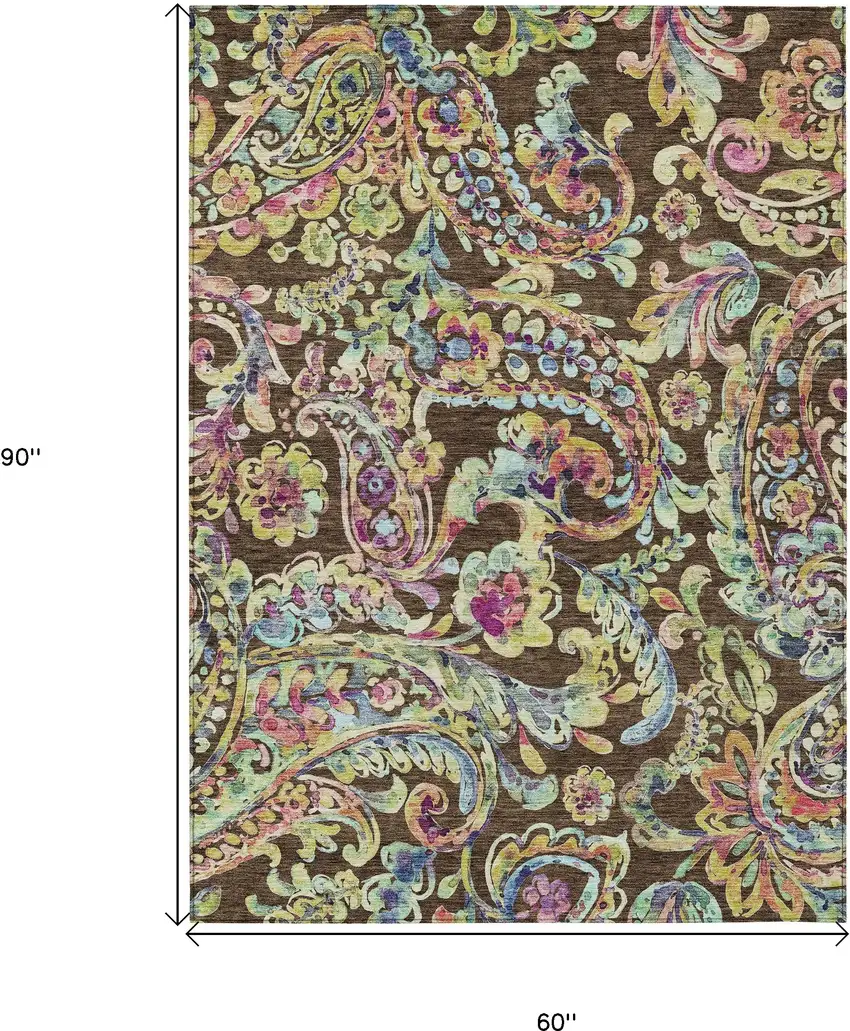 Chocolate And Artichoke Green Paisley Washable Indoor Outdoor Area Rug Photo 3