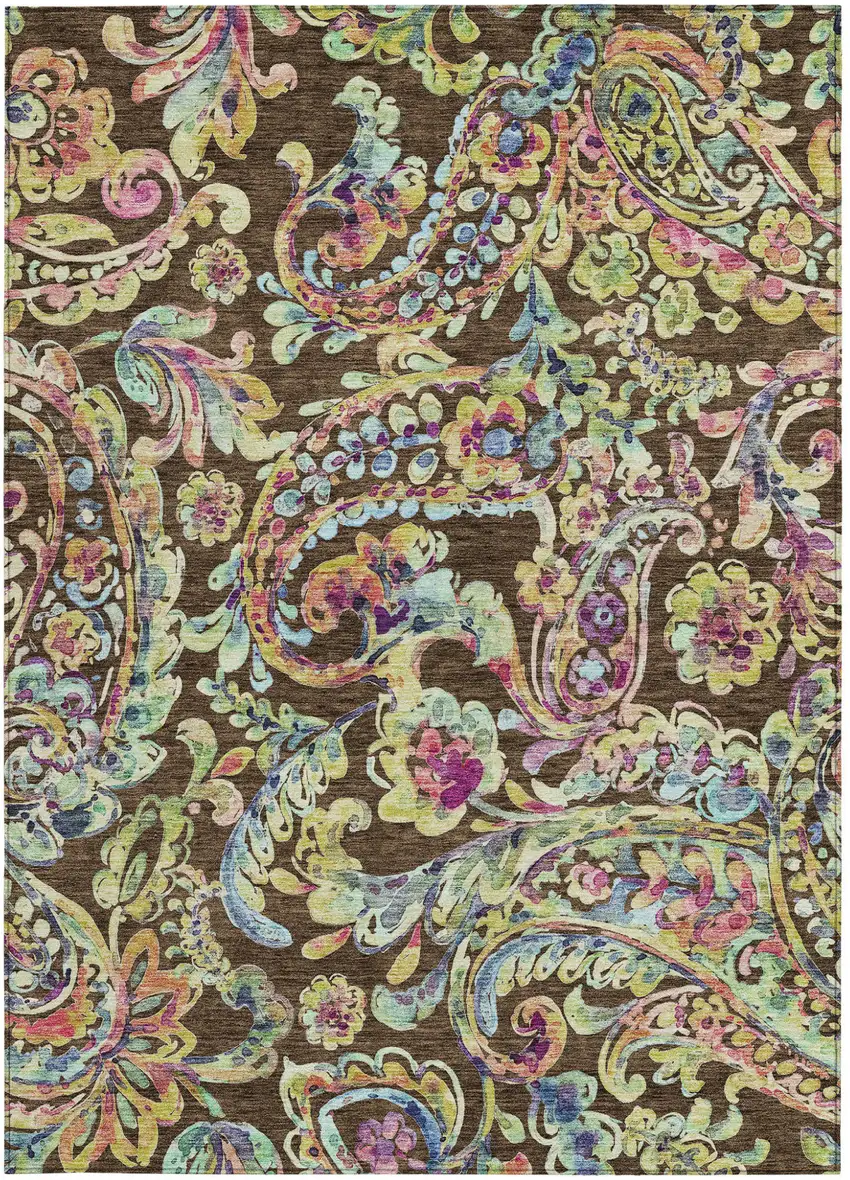 Chocolate And Artichoke Green Paisley Washable Indoor Outdoor Area Rug Photo 8