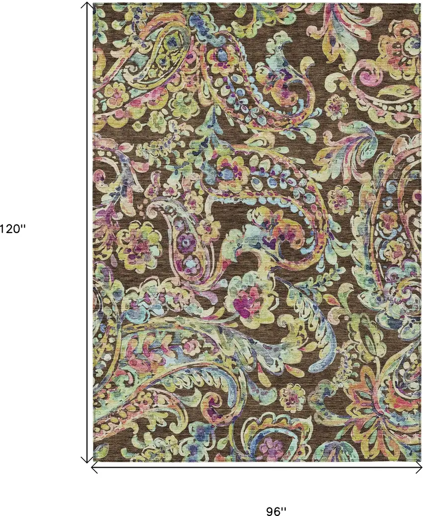 Chocolate And Artichoke Green Paisley Washable Indoor Outdoor Area Rug Photo 3