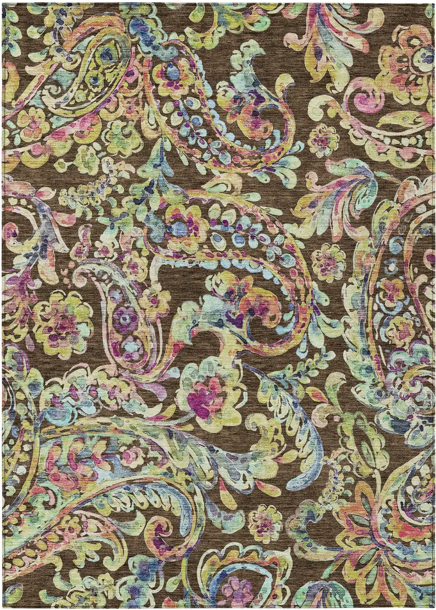Chocolate And Artichoke Green Paisley Washable Indoor Outdoor Area Rug Photo 2