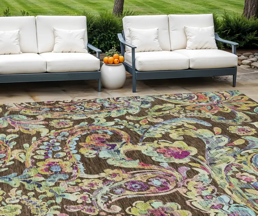 Chocolate And Artichoke Green Paisley Washable Indoor Outdoor Area Rug Photo 1