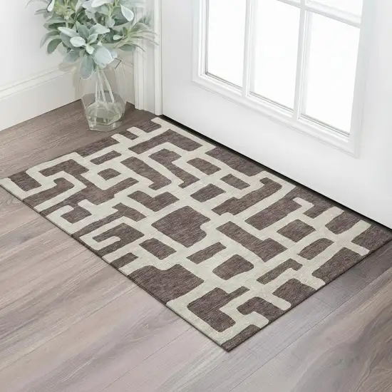Chocolate And Beige Abstract Geometric Washable Area Rug With UV Protection Photo 1