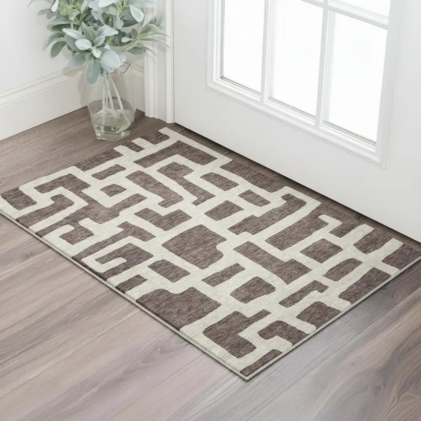 Chocolate And Beige Abstract Geometric Washable Area Rug With UV Protection Photo 2