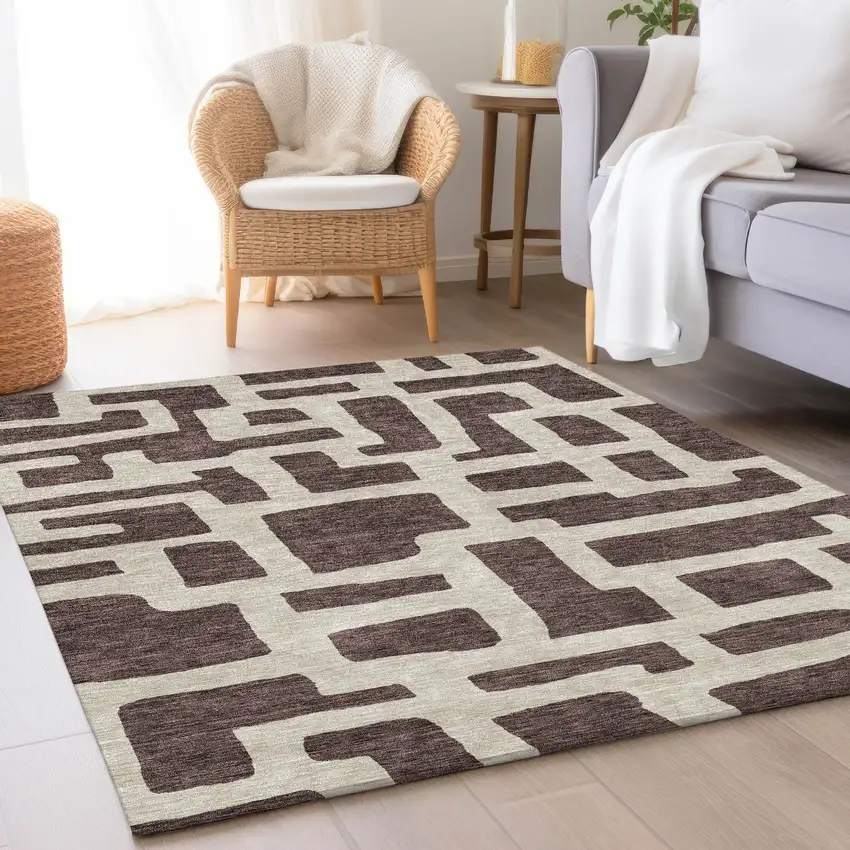Chocolate And Beige Abstract Geometric Washable Area Rug With UV Protection Photo 5