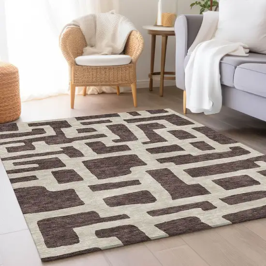 Chocolate And Beige Abstract Geometric Washable Area Rug With UV Protection Photo 5