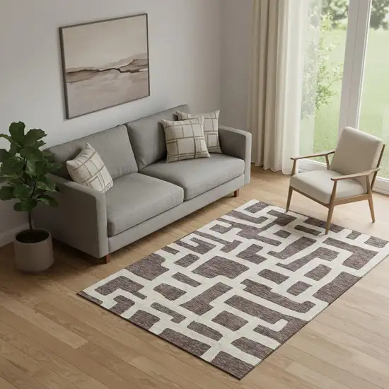Chocolate And Beige Abstract Geometric Washable Area Rug With UV Protection Photo 1