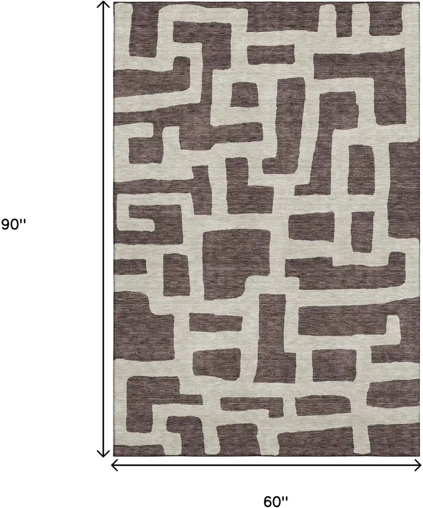 Chocolate And Beige Abstract Geometric Washable Area Rug With UV Protection Photo 3